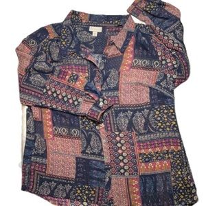 Dress Barn Semi Sheer Button Down Shirt Multicolored Patchwork Print